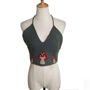 Romwe Green Mushroom Knit Halter Crop Top